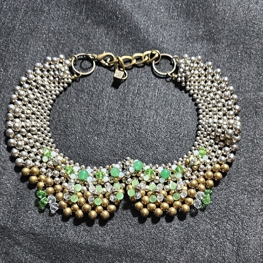 Chic Gold and Silver Beaded Necklace with Green Accents